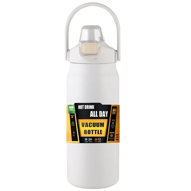 White vacuum bottle with a label on a white background