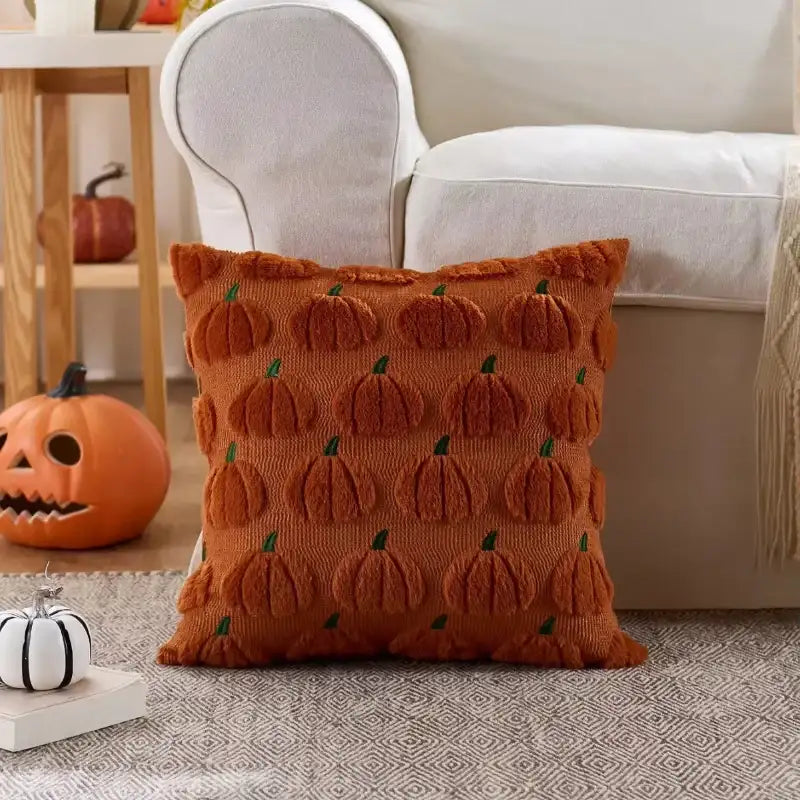 An orange-brown throw pillow with a 3D textured pumpkin pattern and green stems, styled on a patterned rug in a cozy living room setting next to a white armchair and a jack-o'-lantern.