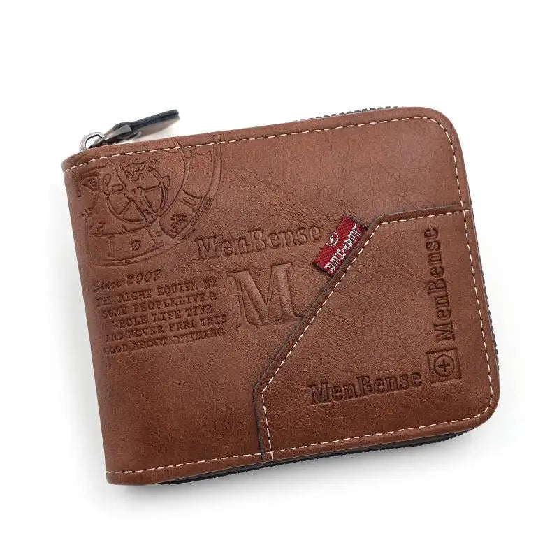 Brown wallet with MenBense branding on a white background