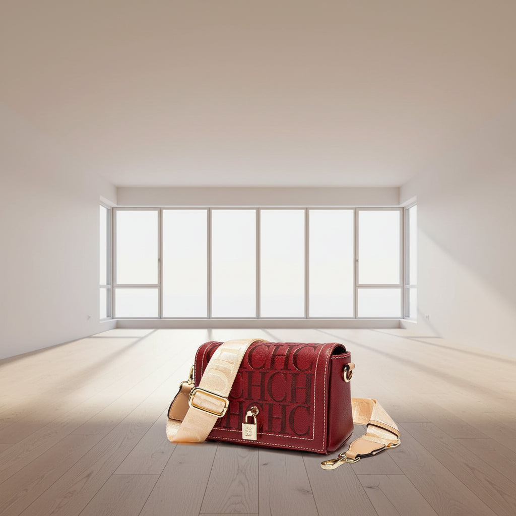 Red handbag with beige strap on a light gray background