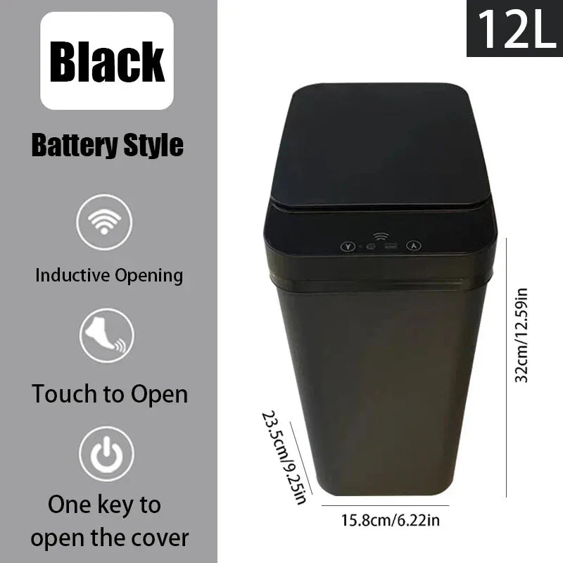 Black battery-style trash can with features and dimensions on a gray background