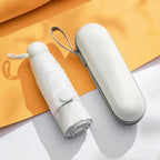 White umbrella and its carrying case on a yellow and white background