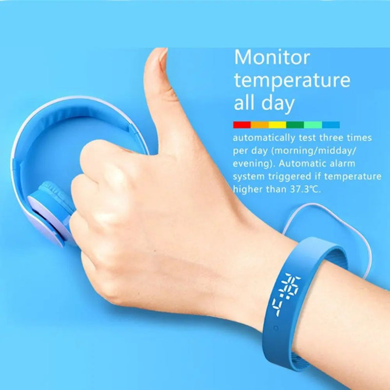 Hand wearing a blue digital thermometer with text on a blue background