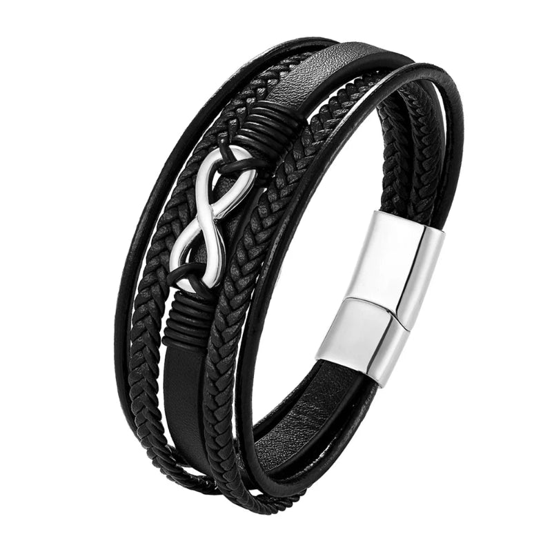 Black braided leather bracelet with silver infinity symbol and clasp on a white background