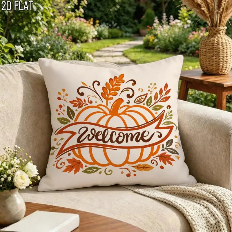 A square throw pillow with a fall autumn design sits on a beige outdoor sofa. The pillow features an orange pumpkin with a 'Welcome' banner, surrounded by orange and brown leaves on a cream background.
