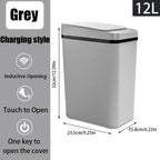 Gray battery-style trash can with dimensions and features on a white background