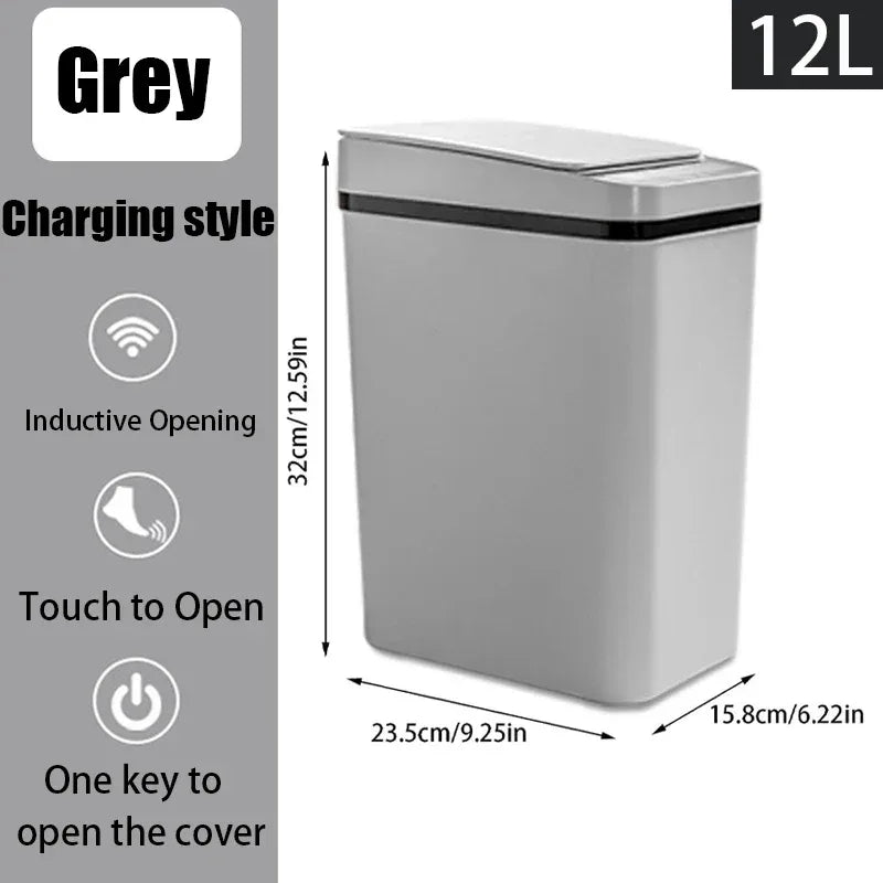 Gray battery-style trash can with dimensions and features on a white background