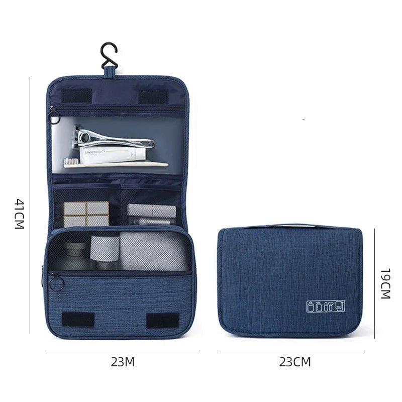 Blue toiletry bag with hanging hook, open to show contents, and closed with dimensions displayed.
