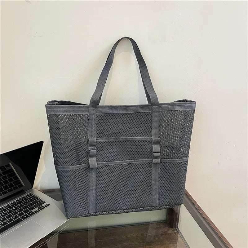 EMESA HOME Large Canvas Mesh Beach Bag – Lightweight Hollow Shoulder Tote for Shopping & Commuting - EMESA HOME™