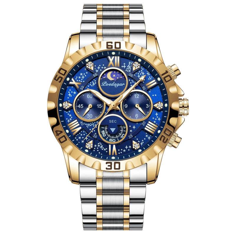 EMESA HOME Luxury Men’s Quartz Watch – Waterproof Stainless Steel Chronograph Sports Wristwatch with Luminous Display 973 Gold Blue