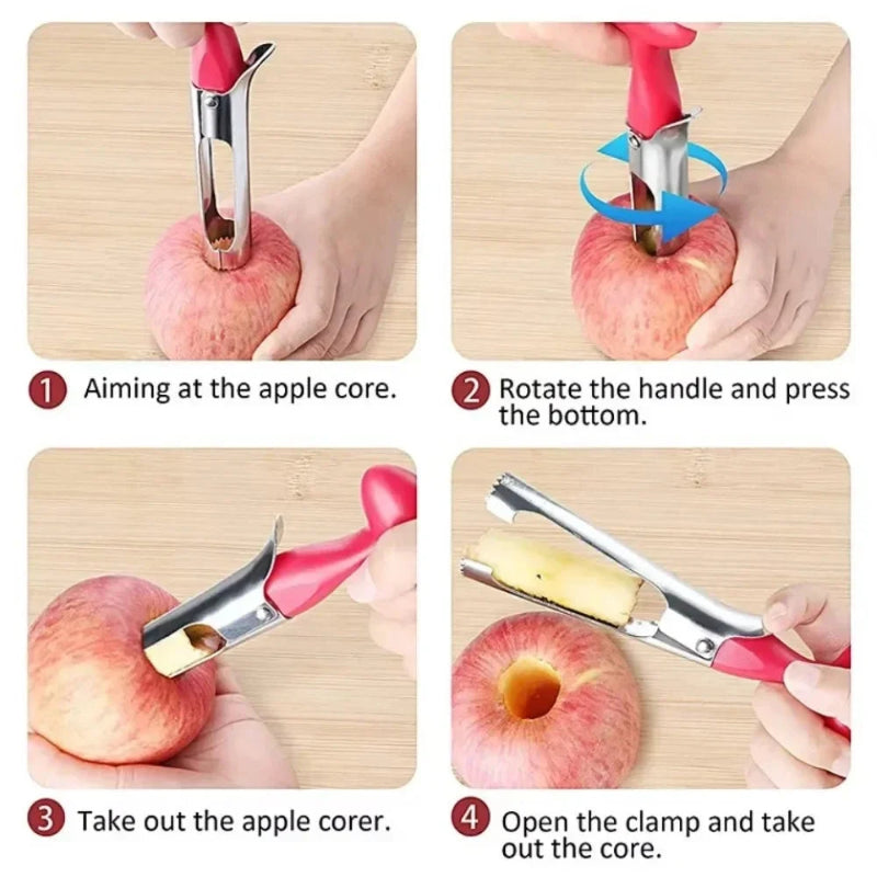 Step-by-step guide on using an apple corer tool with images of hands using the tool on apples.