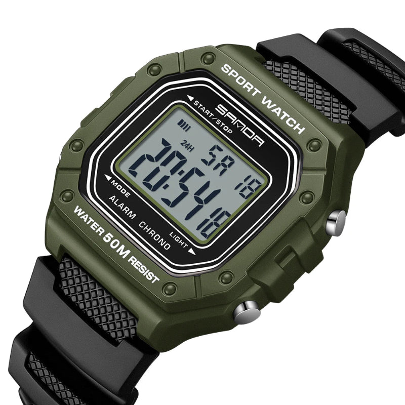 Green digital sports watch with black strap on a white background, featuring the brand 'SANDA'.
