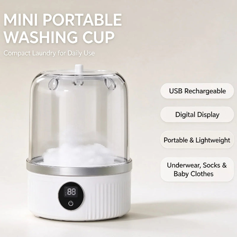 A mini portable washing cup with a clear dome lid, white base, and digital display, shown on a light beige background with feature callouts including USB rechargeable, digital display, portable & lightweight, and suitable for underwear, socks, and baby clothes.