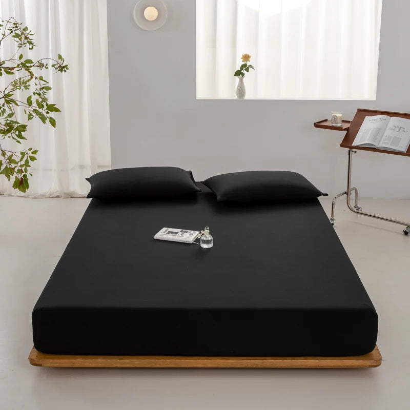 Black mattress cover on a bed in a minimalistic room with a plant and reading lamp.