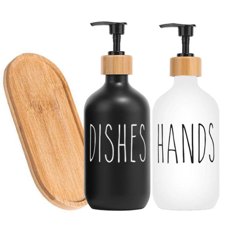Two soap dispensers labeled 'Dishes' and 'Hands' with wooden pumps on a white background.