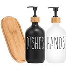 Two soap dispensers labeled 'Dishes' and 'Hands' with wooden pumps on a white background.