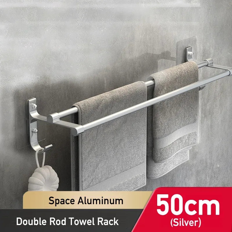 Space aluminum double rod towel rack with two towels on a gray wall.