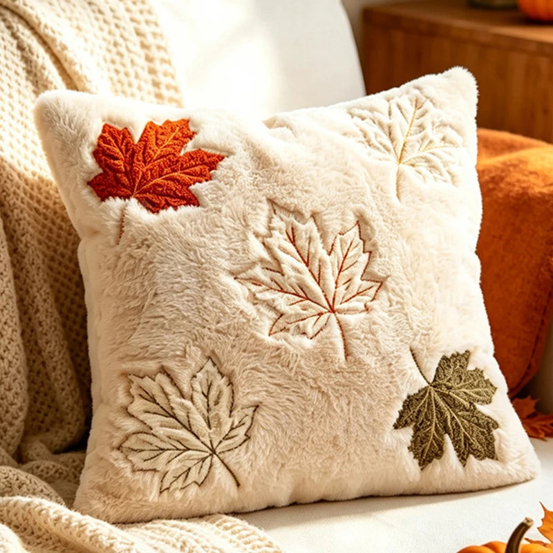 A square cream-colored plush throw pillow with embroidered autumn leaves in orange, beige, and olive green, styled on a cozy sofa with a knit blanket.