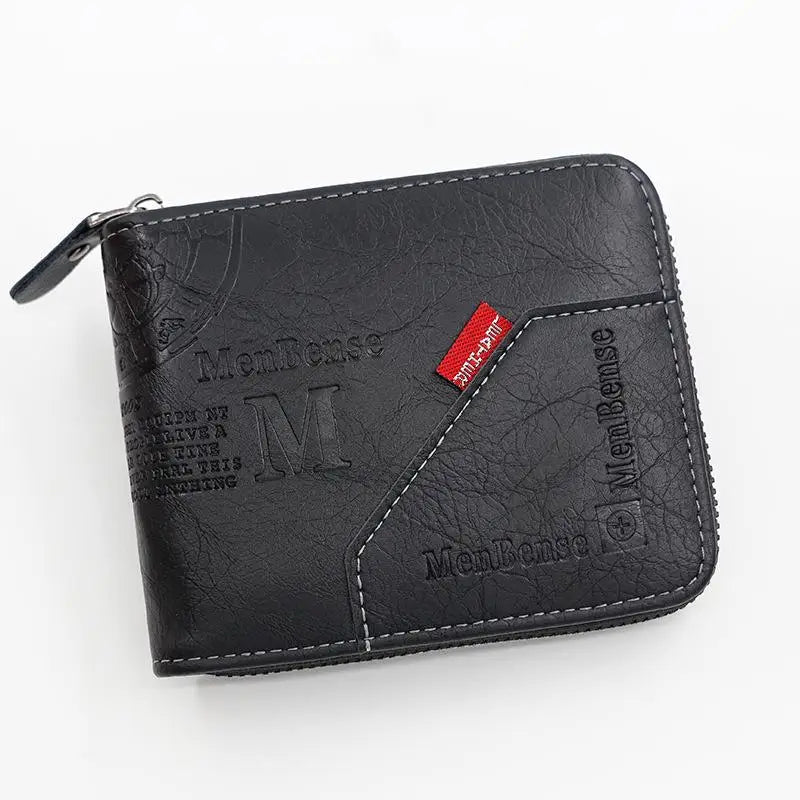 Black wallet with 'Men's House' branding on a white background