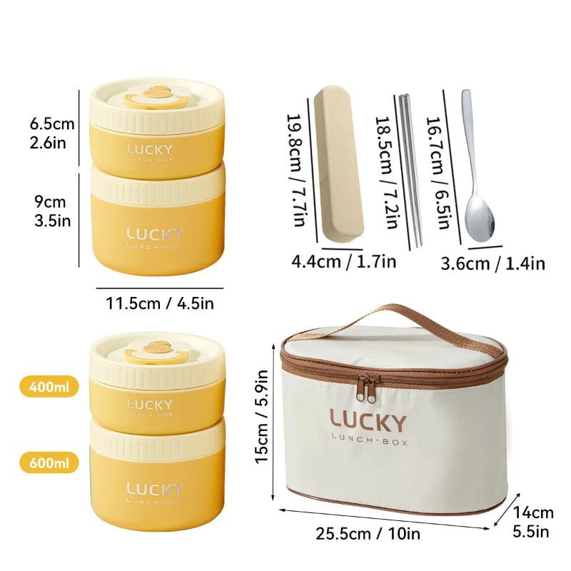 Lucky lunch box set with containers, insulated bag, and utensils with measurements on a white background