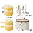 Lucky lunch box set with containers, insulated bag, and utensils with measurements on a white background