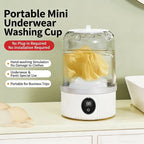 Portable mini underwear washing cup with text highlighting features on a light green background