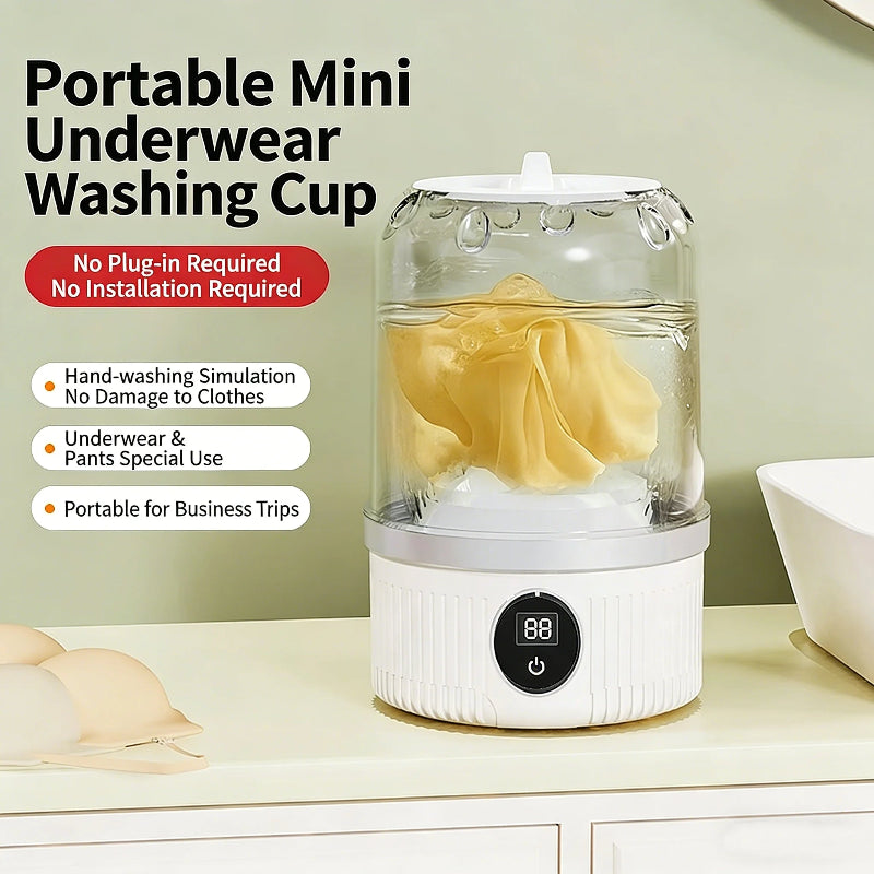 Portable mini underwear washing cup with text highlighting features on a light green background