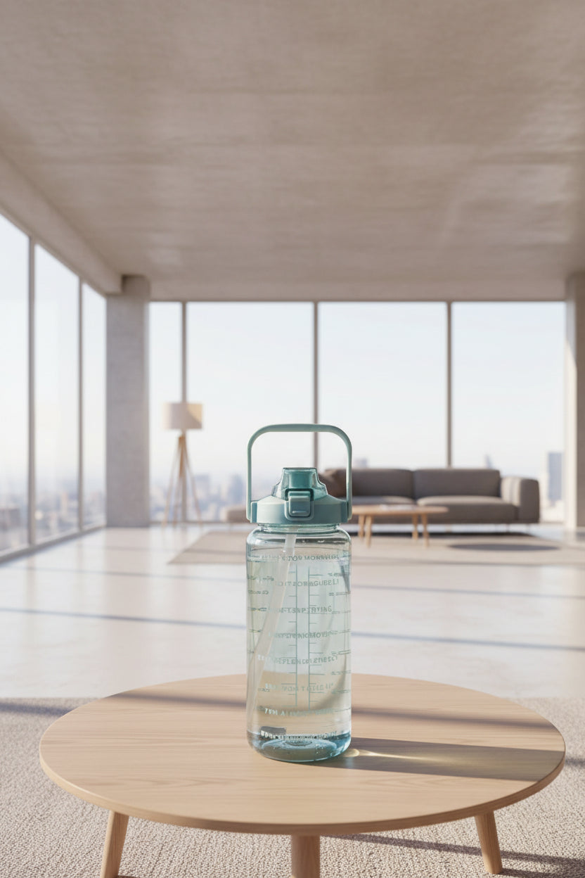 Clear water bottle with measurements on a wooden table in a cafe setting