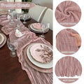 Pink pleated table runner on a dining table with close-up details of fabric texture.