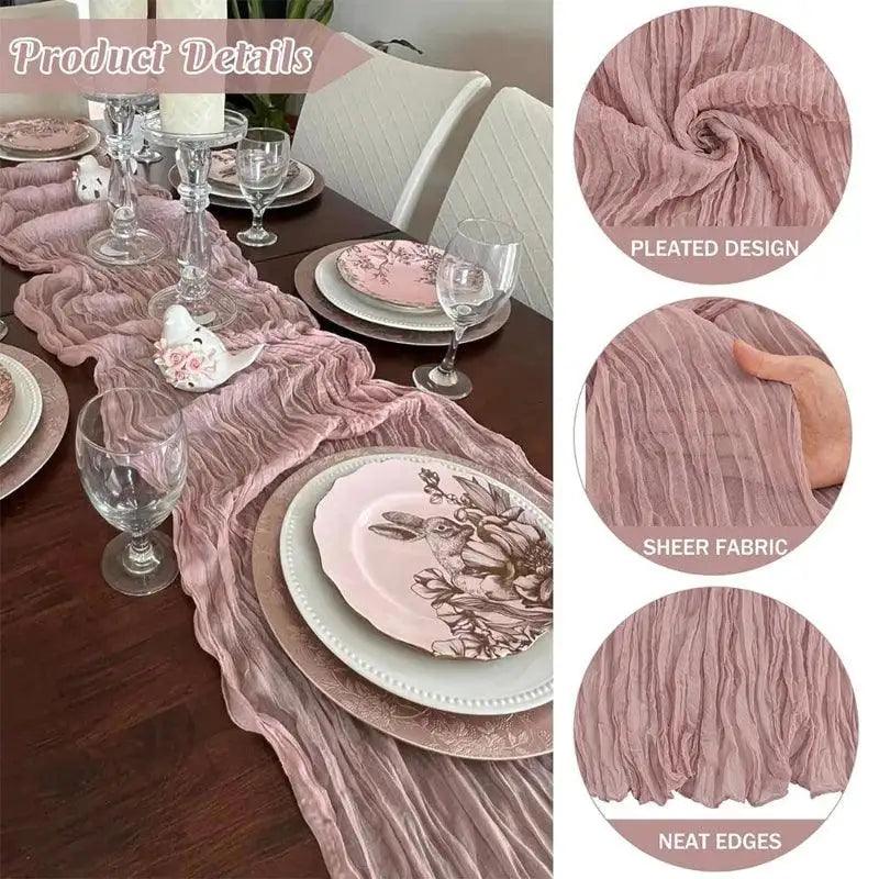 Pink pleated table runner on a dining table with close-up details of fabric texture.