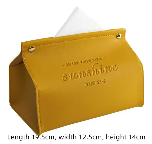 Yellow tissue holder with 'Enjoy your life, sunshine, happiness' text on a white background