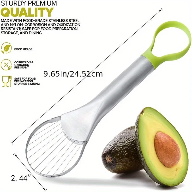 Avocado peeler with green handle and measurements, next to an avocado and its half on a white background.