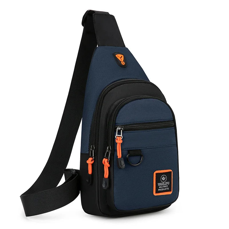 Blue sling bag with black accents and orange zippers on a white background