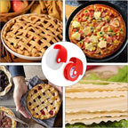 Collage of images including a lattice-topped pie, a pizza with various toppings, a hand holding a lattice-topped pie, and pasta sheets.