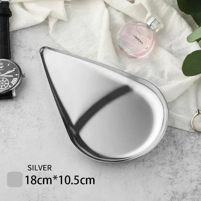 EMESA HOME Gold & Silver Stainless Steel Water Drop-Shaped Cosmetics, Jewelry & Dining Tray – Multi-Functional Home Storage Container Silver Water drop