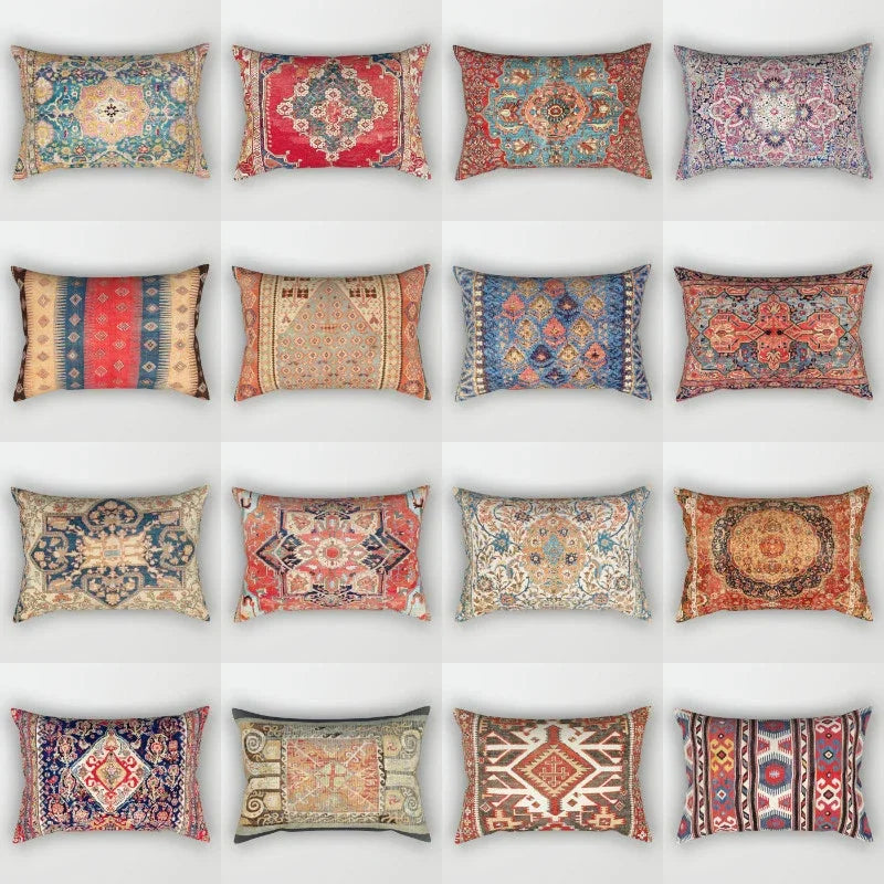 Collection of patterned pillows on a white background