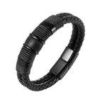 Black braided leather bracelet with a metal clasp on a white background