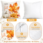 A white throw pillow shown front and back on a clean white background, with feature callouts below. The front view shows a printed autumn design with orange and yellow maple leaves, a small white pumpkin, and the words 'Happy fall.
