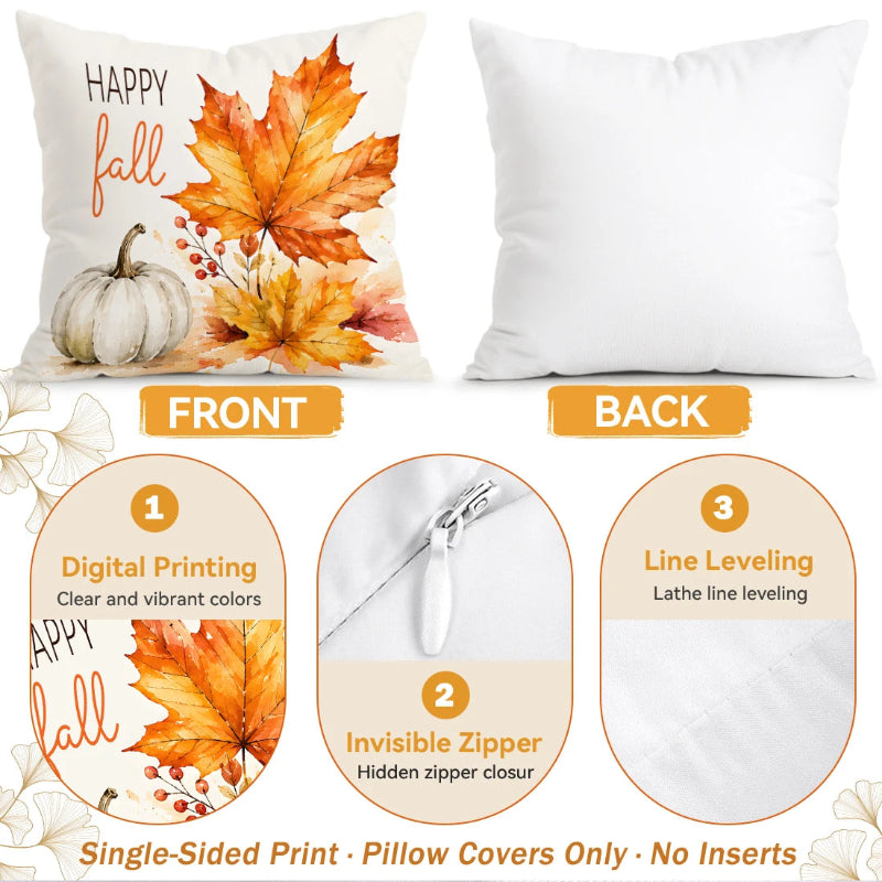 A white throw pillow shown front and back on a clean white background, with feature callouts below. The front view shows a printed autumn design with orange and yellow maple leaves, a small white pumpkin, and the words 'Happy fall.