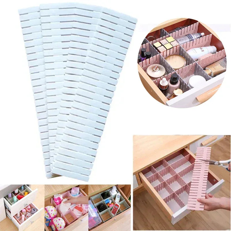 Stack of white drawer organizers with a close-up of a drawer being organized.
