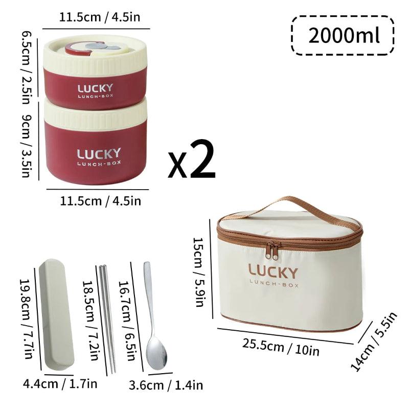 Dimensions and features of Lucky lunch boxes and accessories on a white background