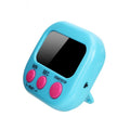 A light blue digital alarm clock with a black display screen and three pink buttons labeled MIN, SEC, and START/STOP. The words 'Blue' and 'JJYY' are printed on the white background.