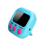 A light blue digital alarm clock with a black display screen and three pink buttons labeled MIN, SEC, and START/STOP. The words 'Blue' and 'JJYY' are printed on the white background.