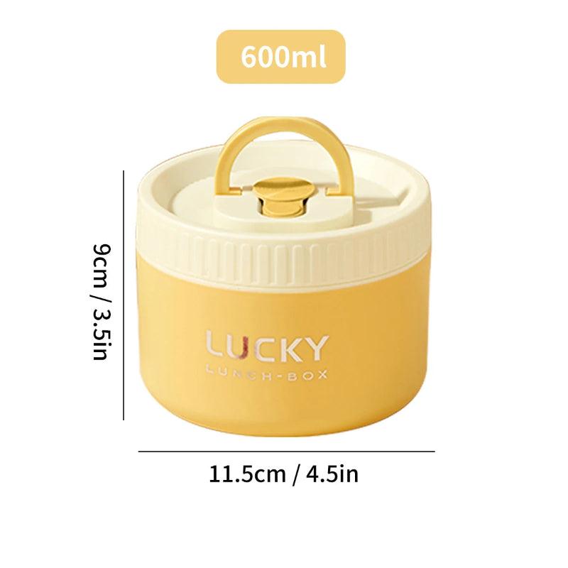 Yellow lunch box with dimensions and 'Lucky' branding on a white background