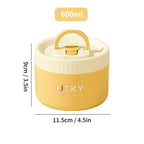 Yellow lunch box with dimensions and 'Lucky' branding on a white background