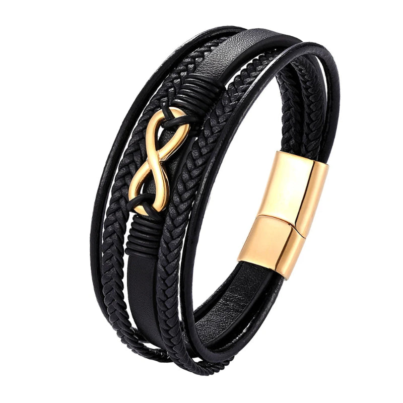 Black braided leather bracelet with gold infinity symbol and clasp on a white background