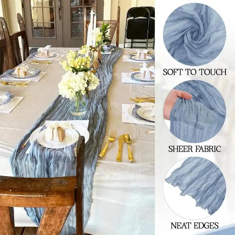 Table setting with a blue table runner, close-ups of fabric texture, and text describing properties.