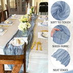 Table setting with a blue table runner, close-ups of fabric texture, and text describing properties.