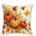 A square decorative throw pillow featuring a vintage-style autumn print with three orange pumpkins on a branch surrounded by orange and yellow leaves, set against a cream background.
