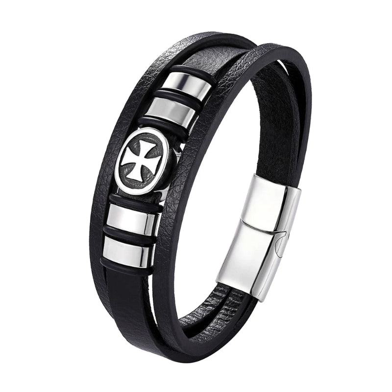 Black leather bracelet with silver metal accents on a white background